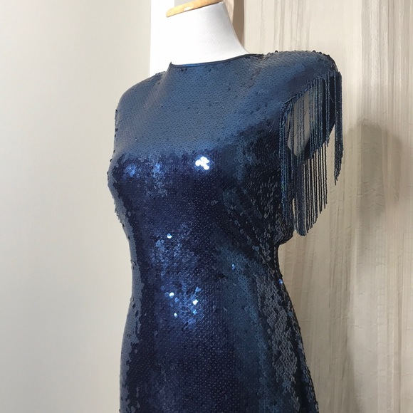 SOLD πVTG Blue Sequin Midi Fringe Open Back Dress M - Picture 7 of 16
